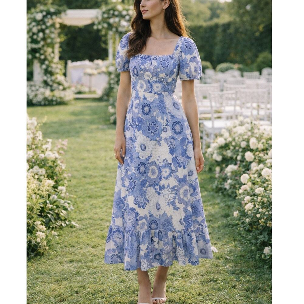 London Times Garden Coastal Square Neck Puff Linen Floral Midi Dress Blue 8 NWT